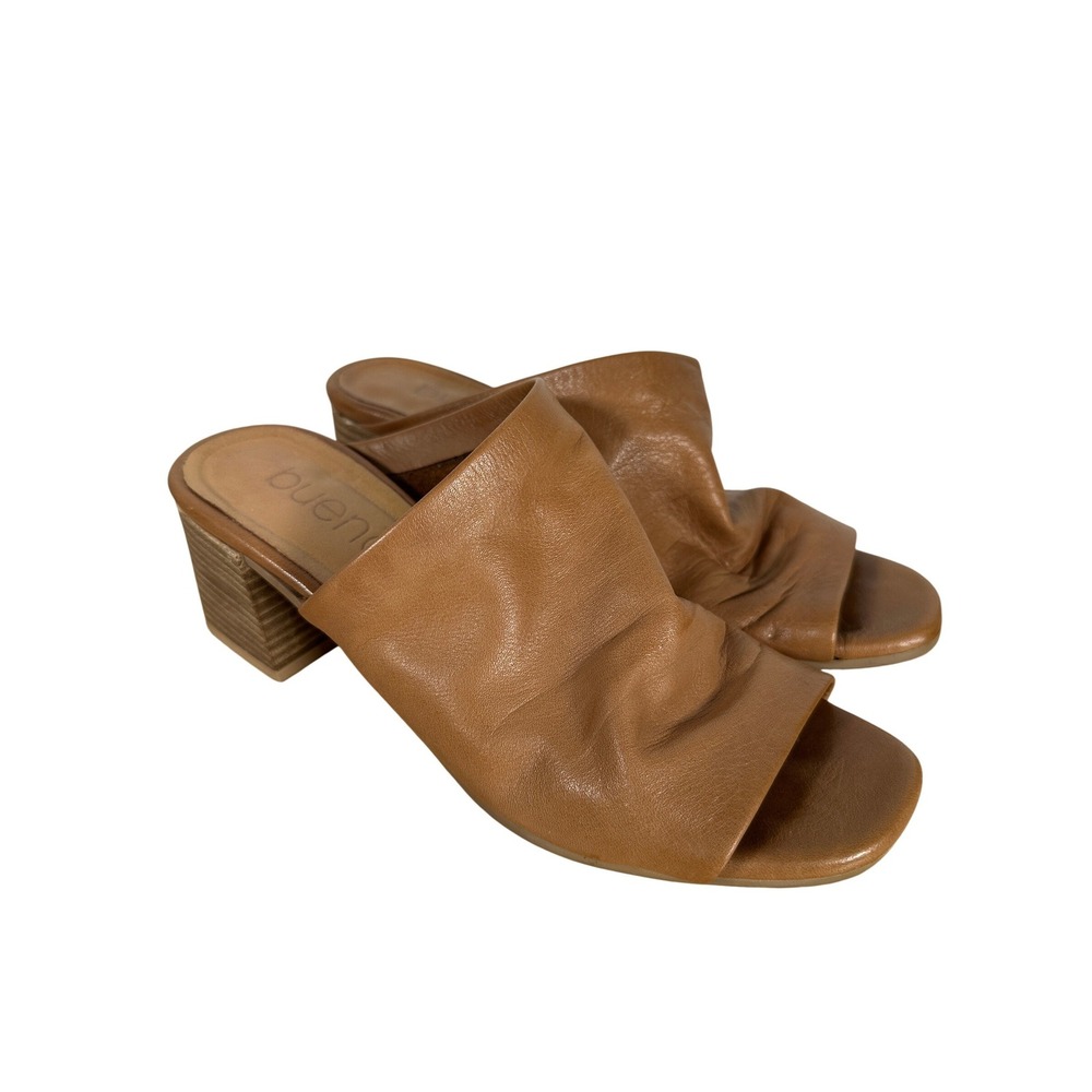 Bueno Tan Leather Block Heel Mule Sandals Peep Toe Minimalist Size 37